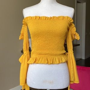Off Shoulder Shirred Tie Sleeve Top
